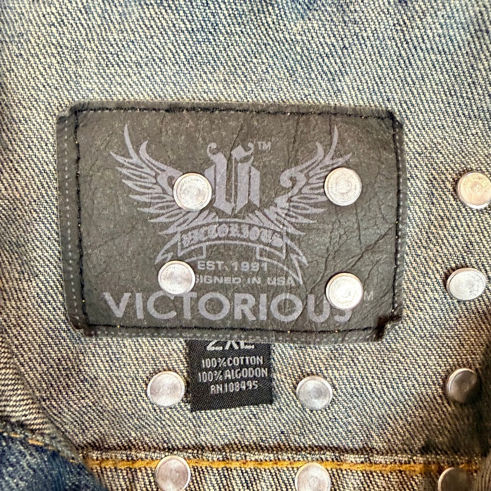 Victorious Mens Studded Denim Vest with Hood Blue Sleeveless Jean Jacket 2XL - Picture 2 of 5